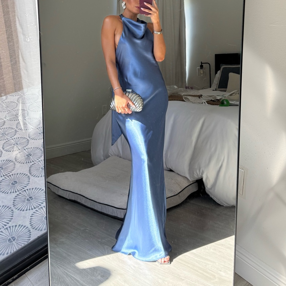 Halter Charmeuse Cowl Neck Maxi Dress